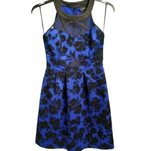 Blue & Black Floral Print Prom Mini Dres Velvet & Shoulder Sheer EnFocus Studio